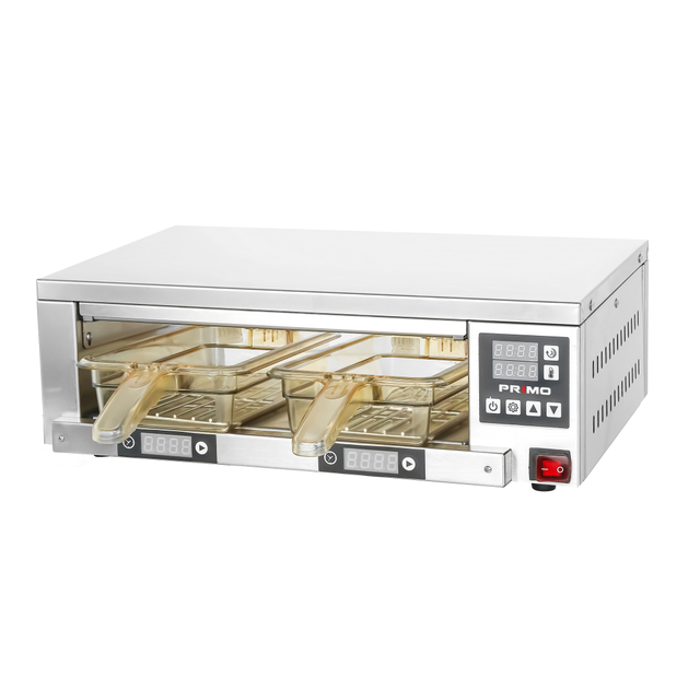 Catering sosteniendo el gabinete carne calentador